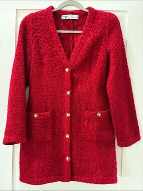 Zara Red Textured Bouclé Knit Mini Dress Cardigan Gold Buttons Size